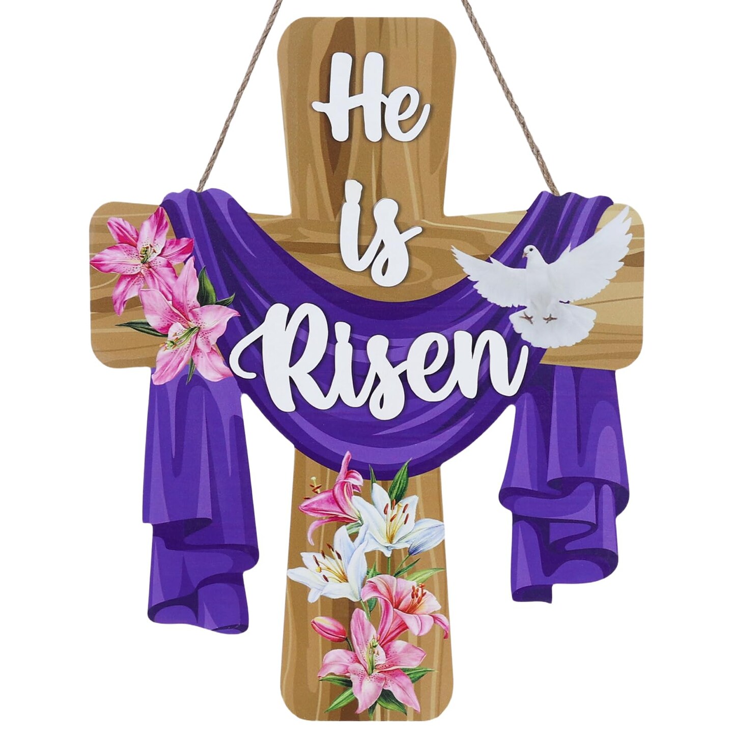 He is Risen Easter Decorations, Wood Cross Wall Signs, Wooden Wreaths for Front Door, Christian Jesus Lily Flowers Dove Hanging Crafts for Spring Home Farmhouse Party Porch Mantel Window Decor