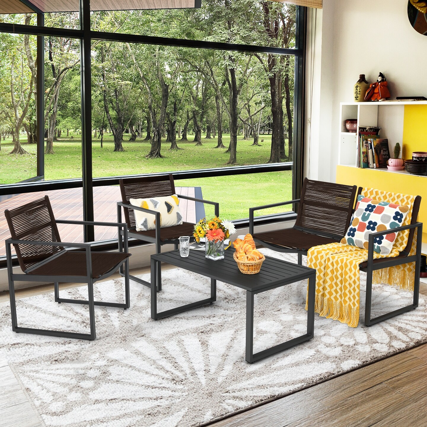 Black-Brown Steel Patio 4-Piece Sofa Set with Loveseat and Coffee Table
