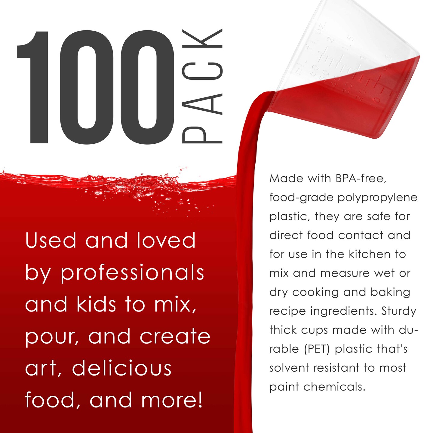 2 Oz (60 ml) Liquid Measuring Cups - Plastic Graduated Cup (100 Pack) with 25 Sticks - Reusable Mixing Cups for Paint, Craft, Kitchen, Lab, Medical Supplies, Epoxy Resin, Art