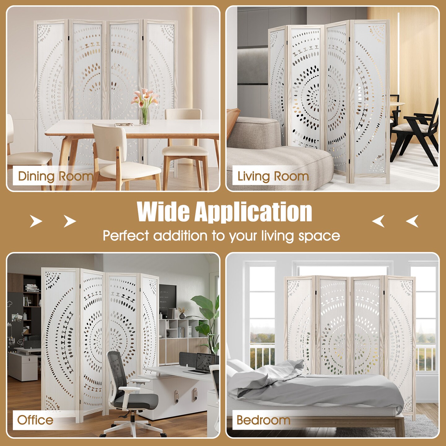 White Boho Room Divider 4 Panel Carved Wood Folding Privacy Screen