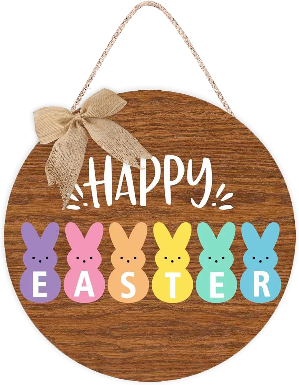Easter Bunny Door Decoration – Happy Easter Wooden Wall Sign with Bow for Home and Party Decor