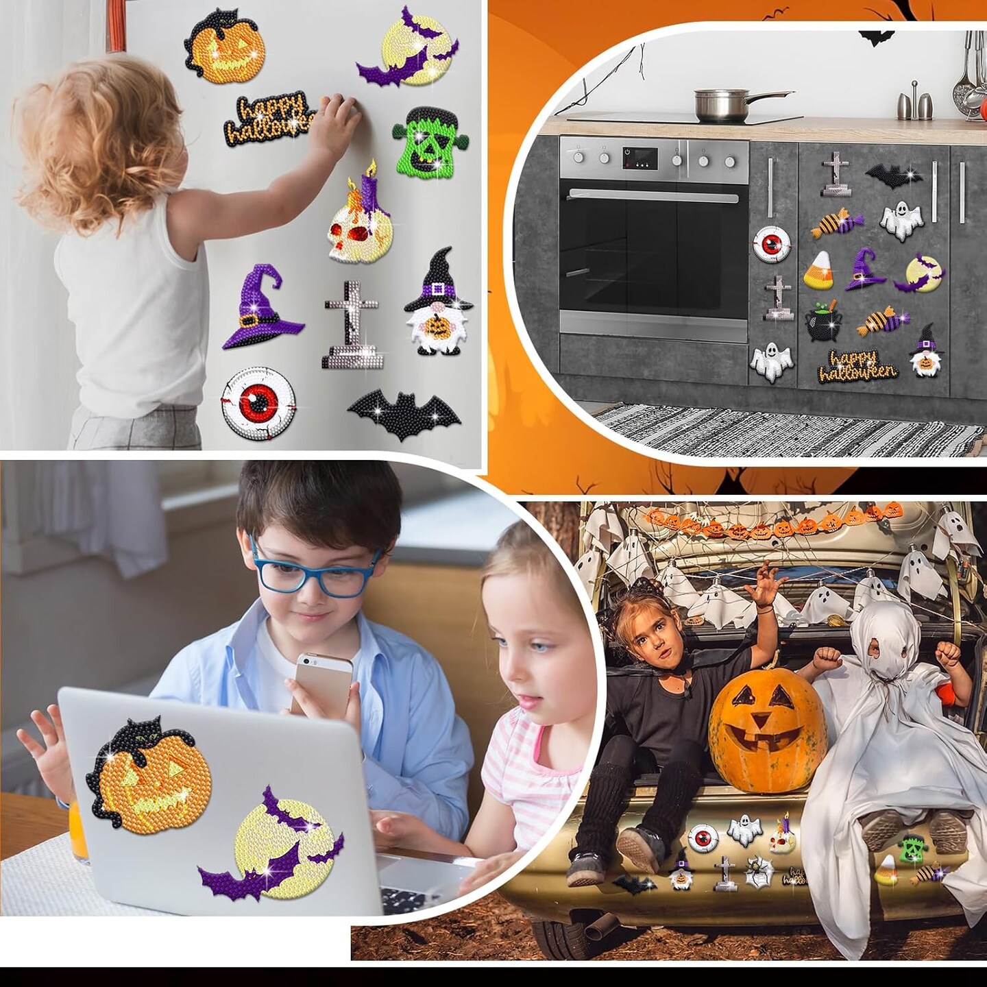 16 Pcs Halloween Diamond Art Magnets – DIY Gnome, Ghost, Bat & Cat Diamond Painting Kits for Adults, Halloween Gems Crafts for Home Décor & Gifts