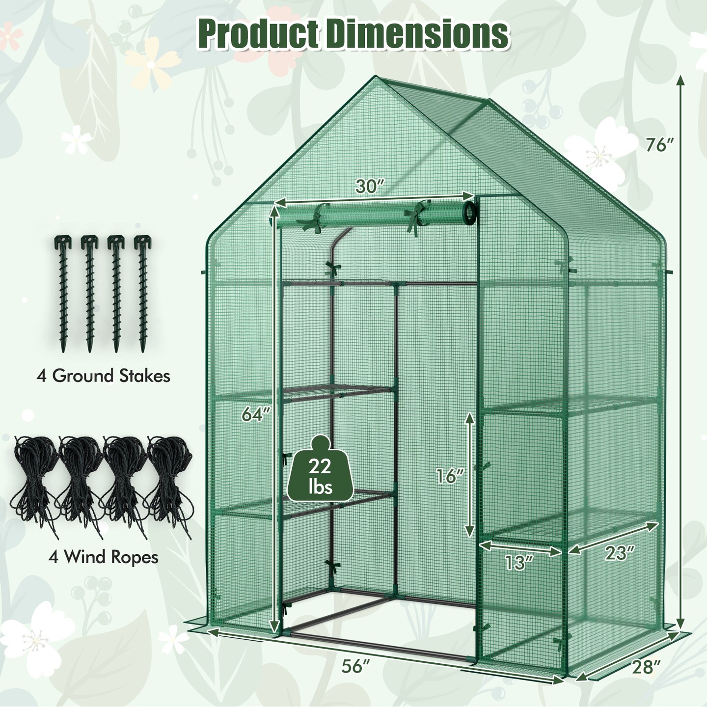 Green Portable 4-Tier Walk-In Plant Greenhouse with 8 Shelves