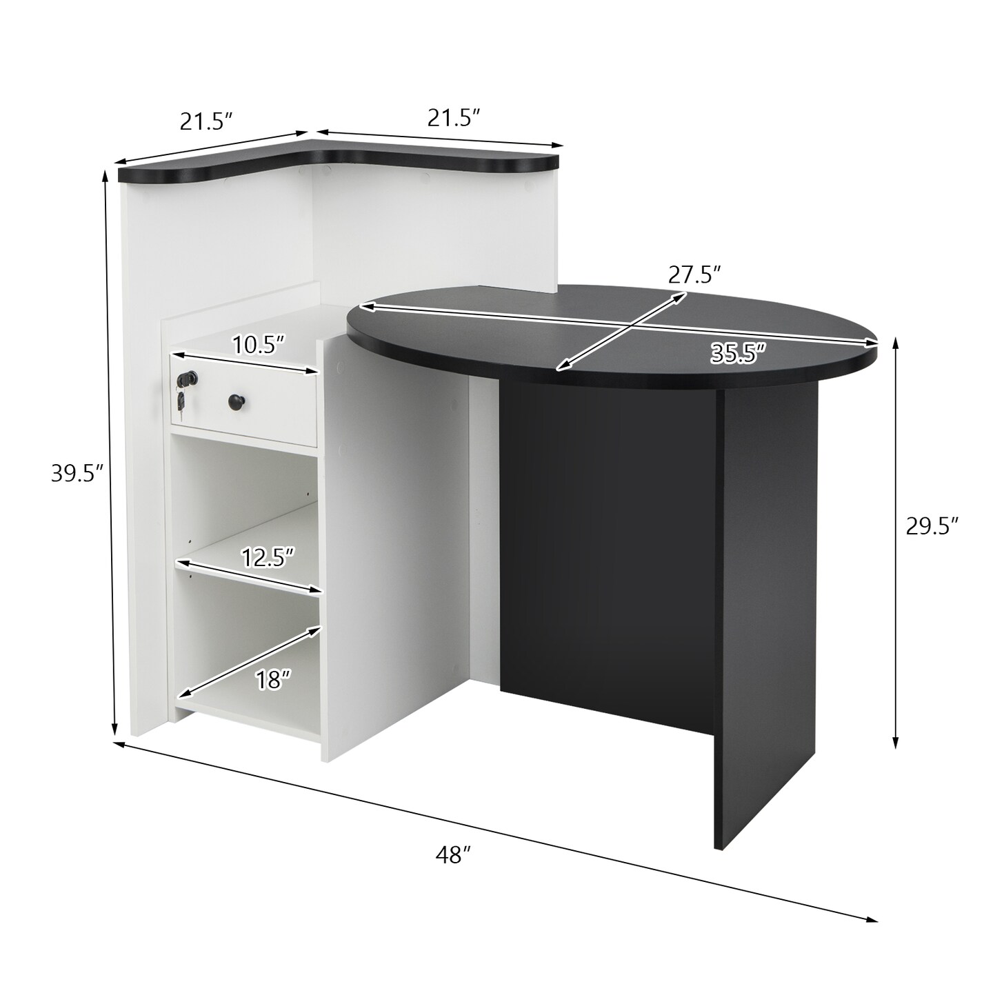 Black - White Office Reception Desk with Storage Shelf and Lockable Drawer
