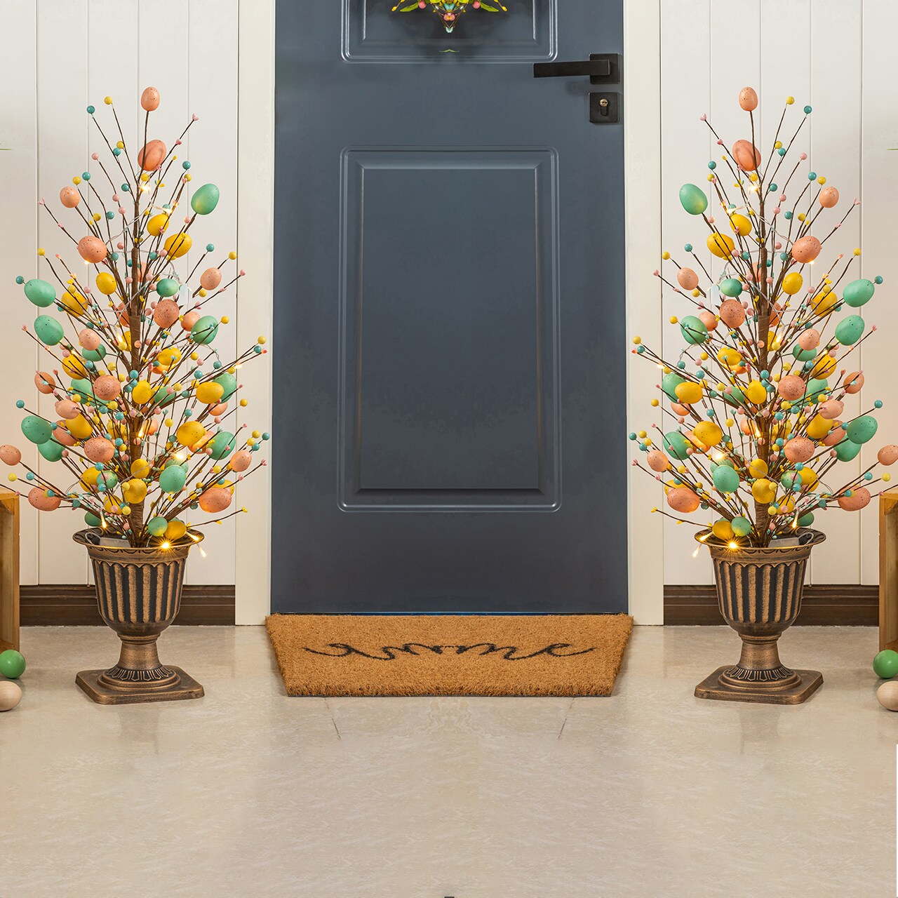 Set of 2 36"H Easter Egg & Berries Urn Porch Tree, 20 Warm White Lights with timer