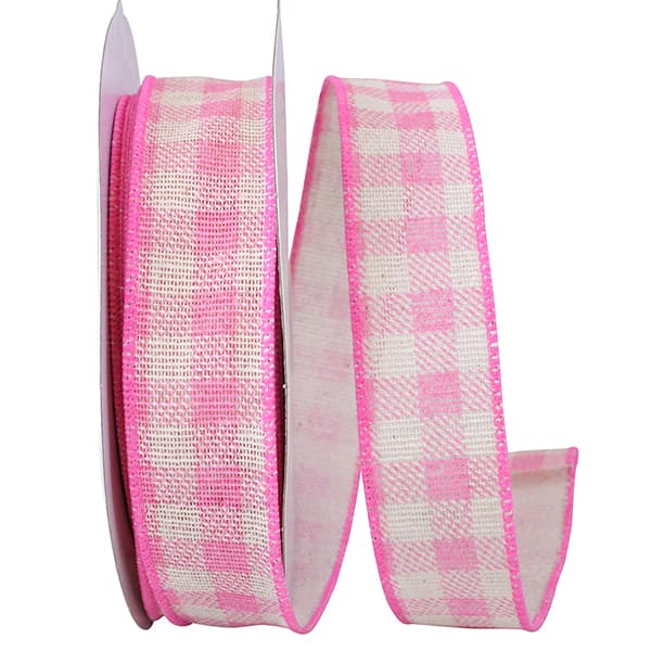Gingham Hopsack Twill Wired Edge Ribbon --- 1.5 in x 20 yards --- Pink Color