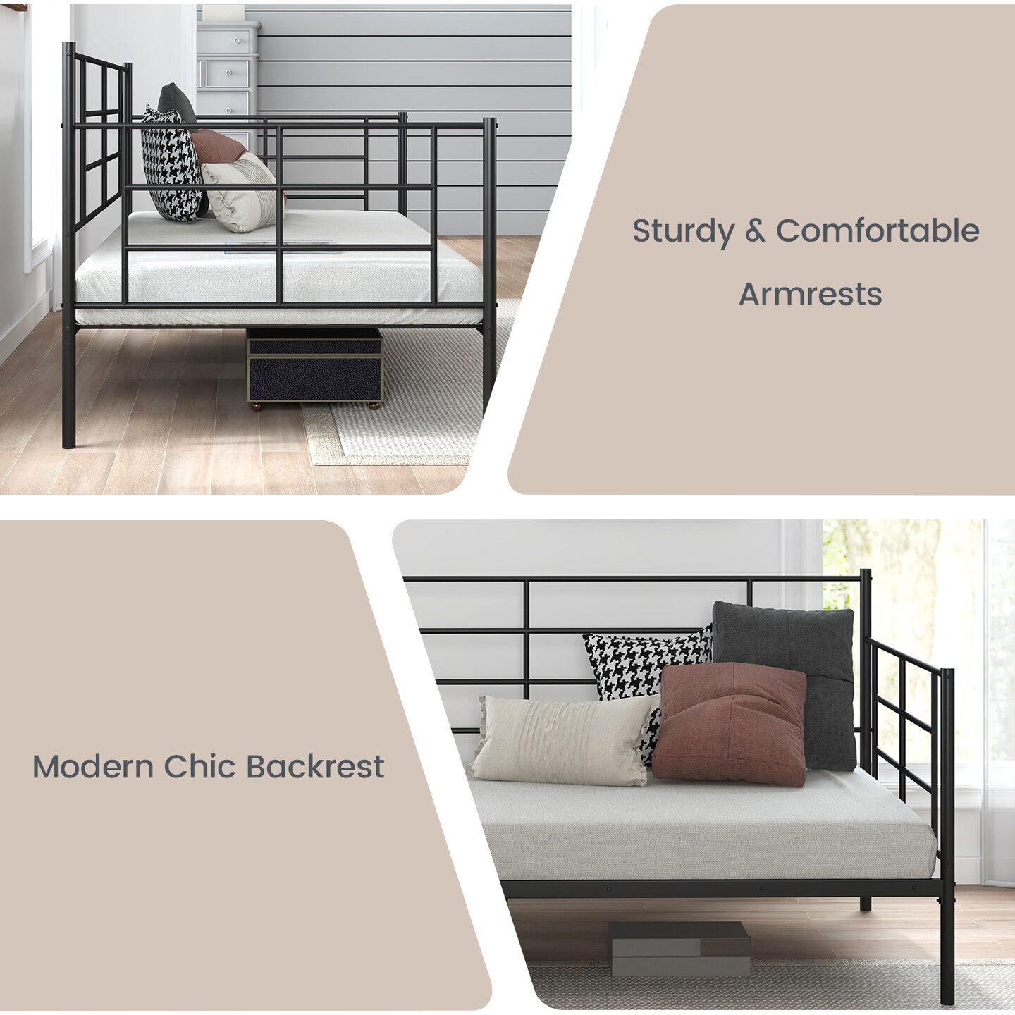 Black Twin Metal Daybed Sofa Bed Frame with Sturdy Back and Arms
