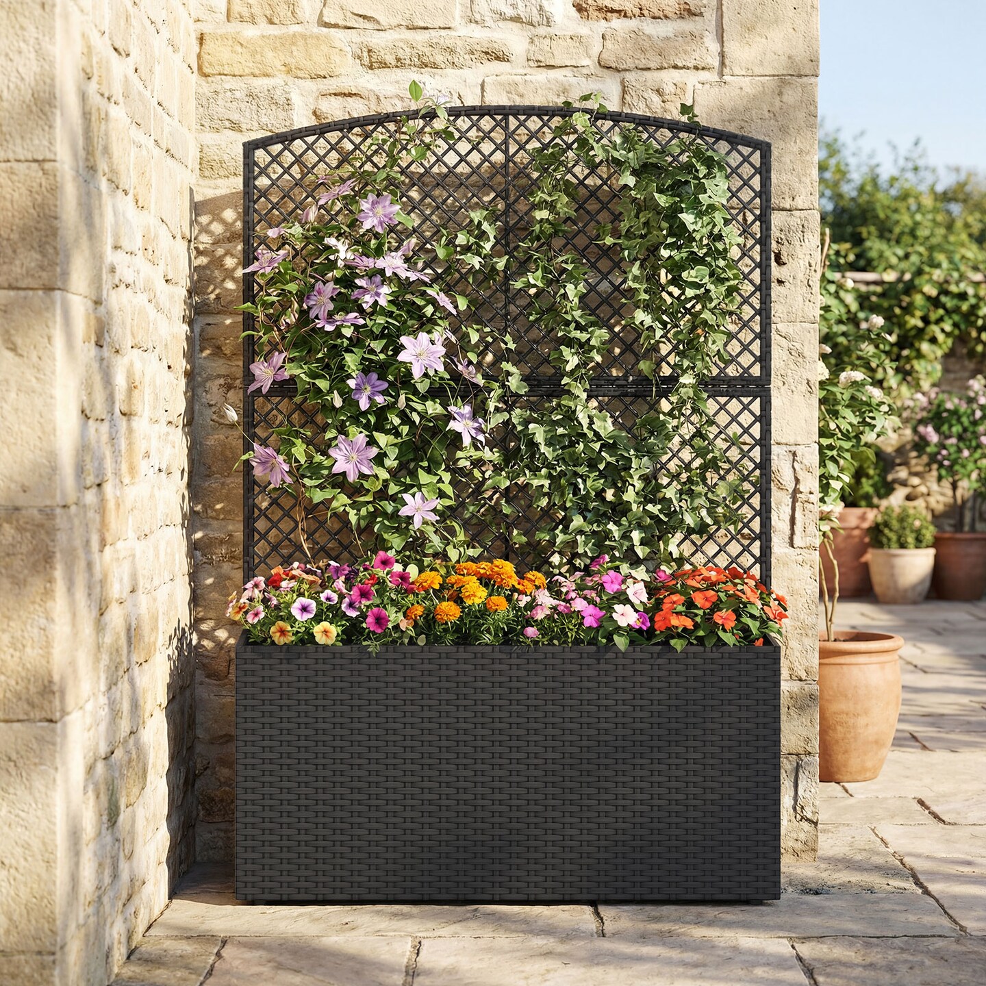 58” Raised Planter Box with Trellis Outdoor Wicker Garden Bed