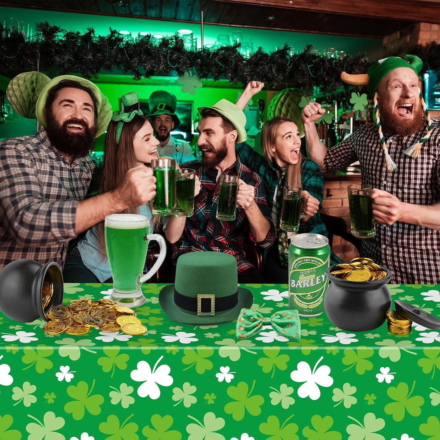 2-Pack St. Patrick’s Day Tablecloths – Green Shamrock Plastic Disposable Table Covers, 54 x 108 Inch – St. Patricks Party Supplies