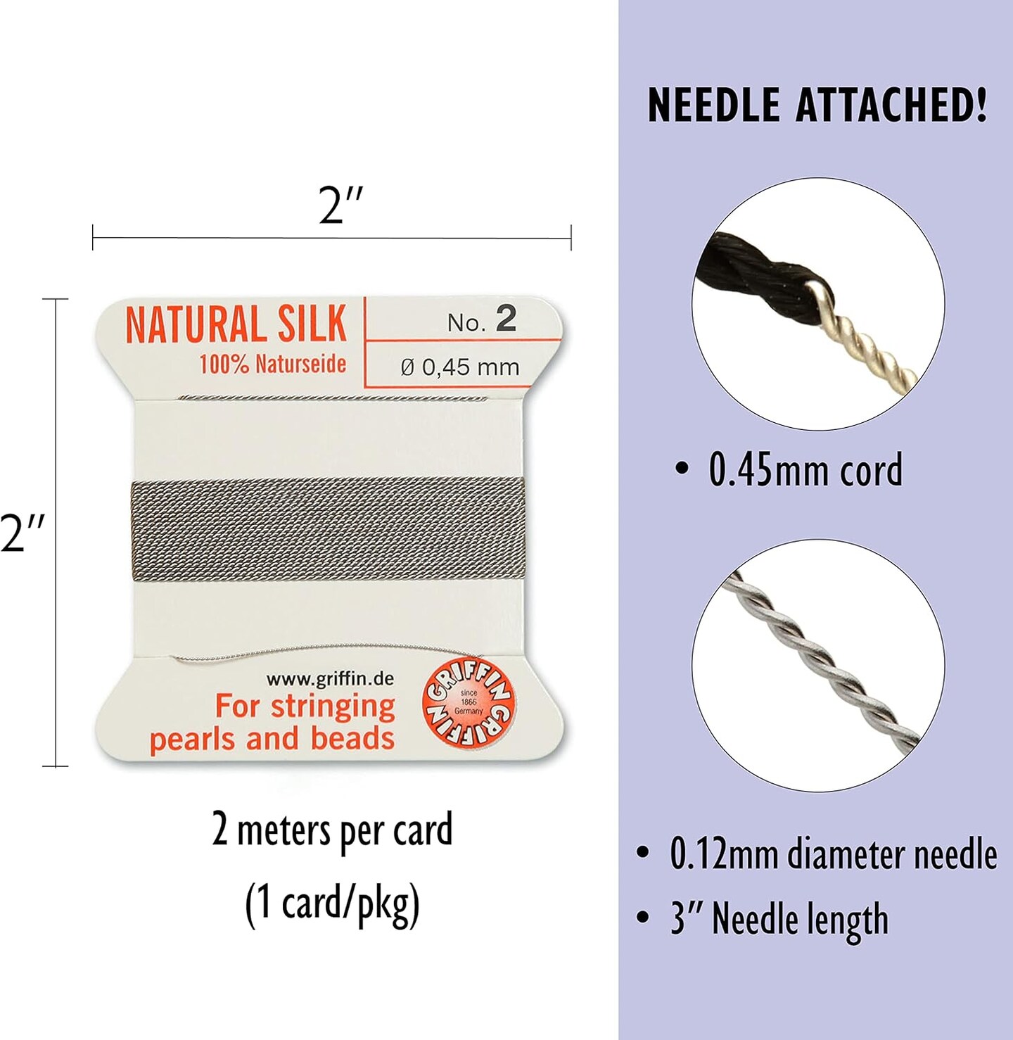 Griffin Silk Bead Cord Perlseide – Size 2 (0.45mm) – 2 Meters per Card – Stainless Steel Needle Attached – for Knotting Pearls, Gemstones, Crystals and Beads
