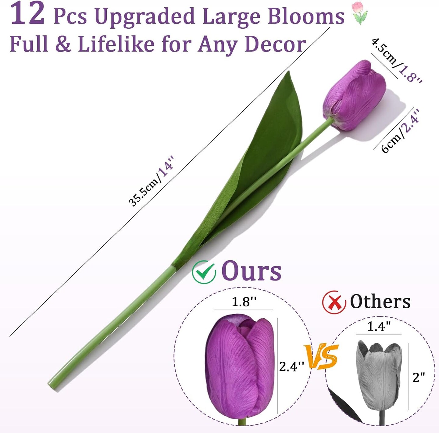 12 Pcs Purple Real Touch Tulips – Artificial Faux Flowers for Wedding, Spring Bouquets, Home Décor, Tables & Party Centerpieces (14 Inch)