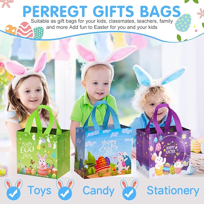 Easter Basket Egg Hunt Bags Bunny Carrot Chick Gift Bags with Handles,Party Supplies,Happy Small Easter Basket Container,8.27x7.9x5.9inch 6-Piece