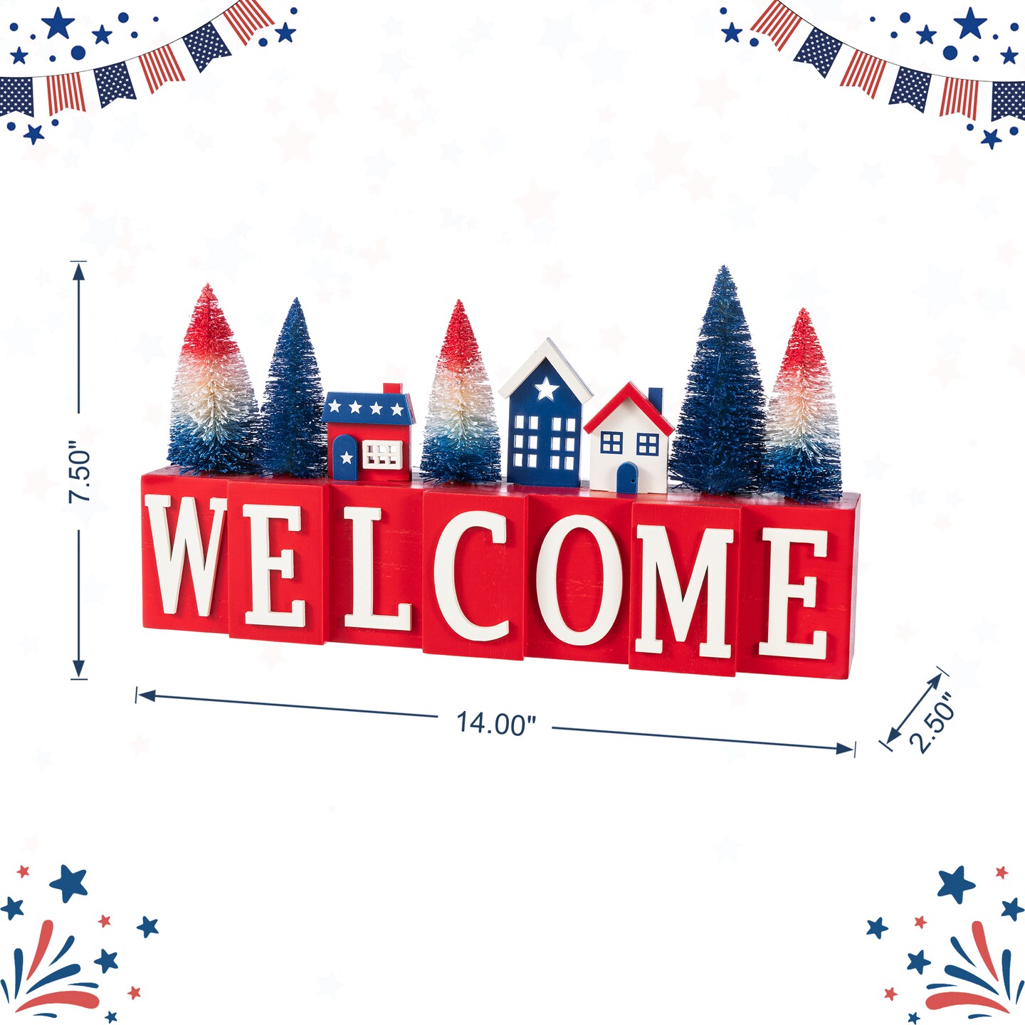 Set of 2 14''L Patriotic/ Americana Wooden House/Brush Trees Table Décor