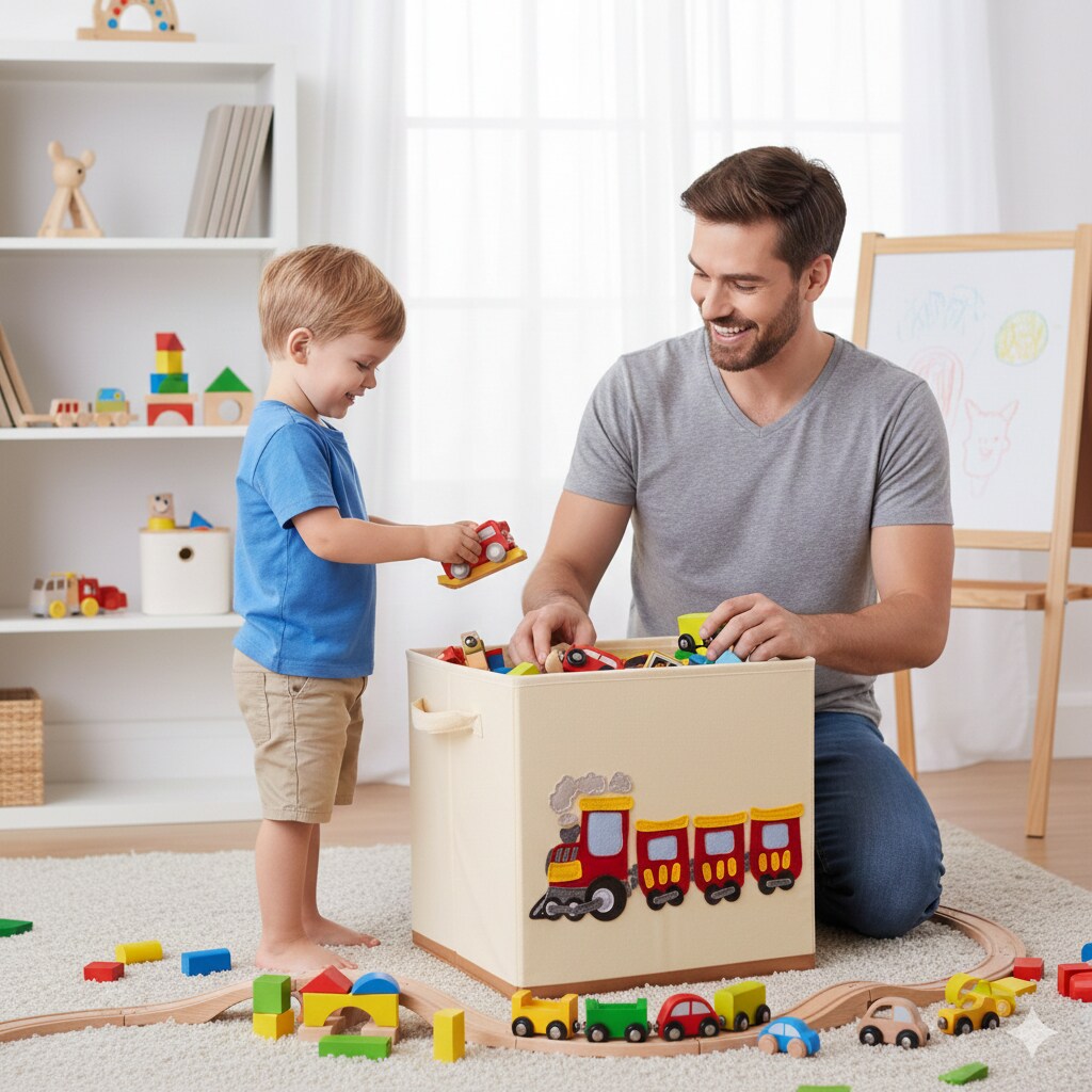 Train Toy Storage Organizer Cube | Washable Foldable Fabric Bin