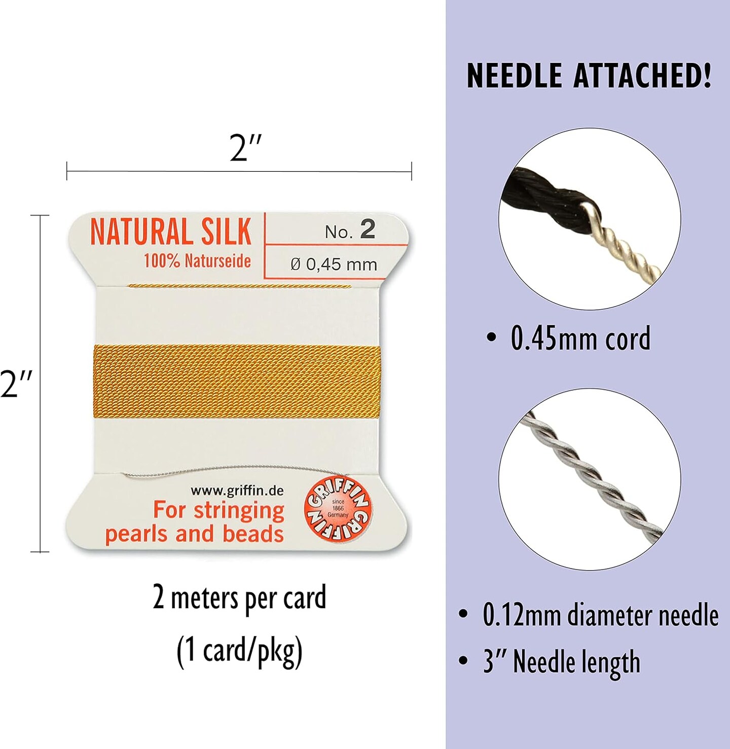 Griffin Silk Bead Cord Perlseide – Size 2 (0.45mm) – 2 Meters per Card – Stainless Steel Needle Attached – for Knotting Pearls, Gemstones, Crystals and Beads