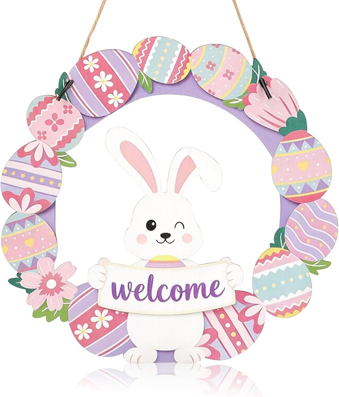 Easter Decorations, Easter Wreath Decor, Rabbit Welcome Sign Door Decoration, for Front Door Porch Window Wall Hanging Decor, Pink Green Spring Decoration for the Home
