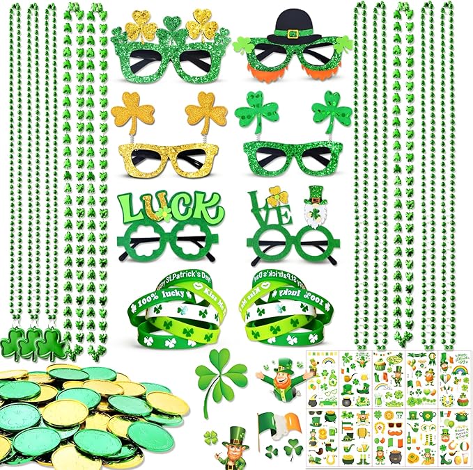 156Pcs St. Patricks Day Accessories Set, 6.8" Shamrock Glasses, 34" Bead Necklaces, Rubber Bracelets, Lucky Coins and Tattoos, Irish Party Favors Decorations Supplies for Parade (156 pcs)