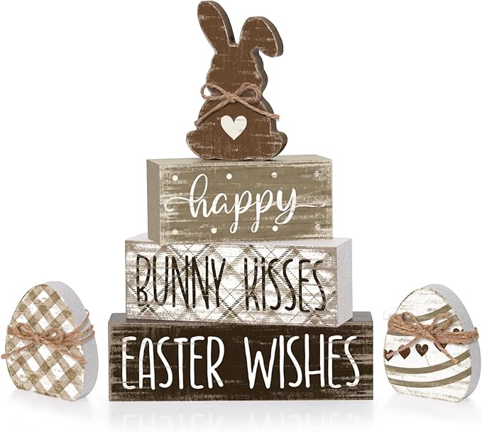 4 Pcs Easter Table Decor Happy Bunny Neutral Easter Egg Tiered Tray Decorations Set Spring Bunny Egg Rustic Farmhouse Wooden Stack Block Signs Party Tabletop Decor for Home Office Gift