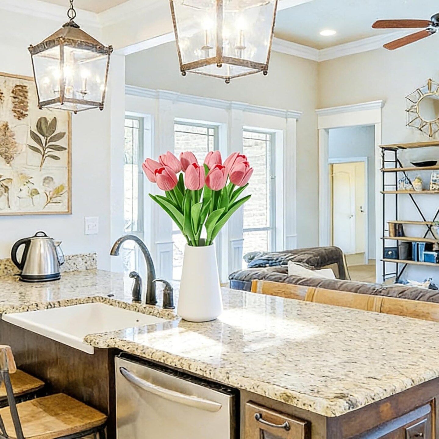 Real-Touch Artificial Tulips with 2 Ceramic Vases – 20 Stems Faux Floral Arrangement for Spring, Easter & Home Decor