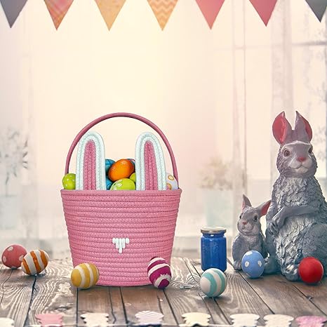 Large Easter Basket with Gift Bags and Ribbons, Easter Bunny Basket for Kids, Woven Cotton Rope Gift Basket for gifting, Pink