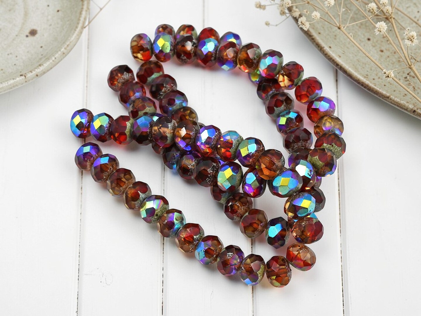 *25* 6x8mm Antique Silver Washed Ruby Sunset Fire Polished Rondelle Beads
