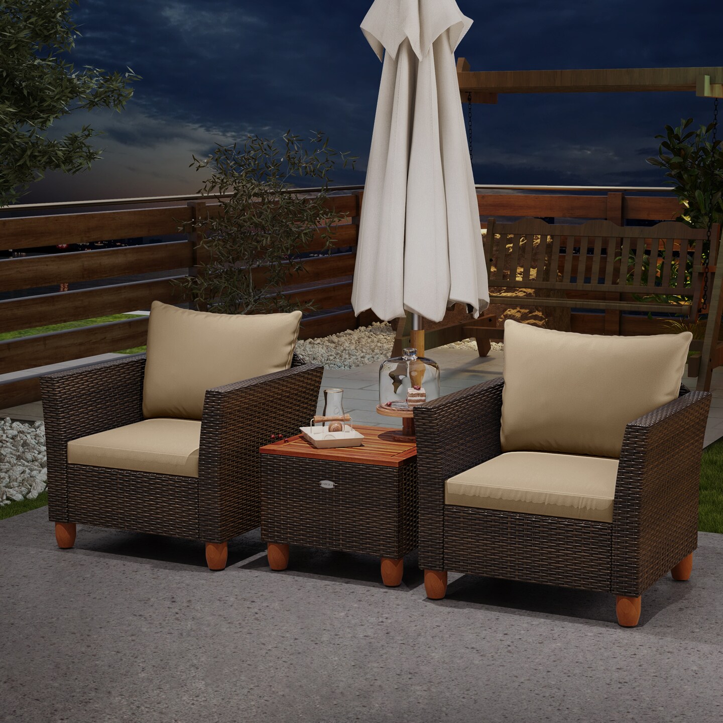 Brown Rattan Outdoor Sofa Set 2 Single Sofas Acacia Wood Coffee Table