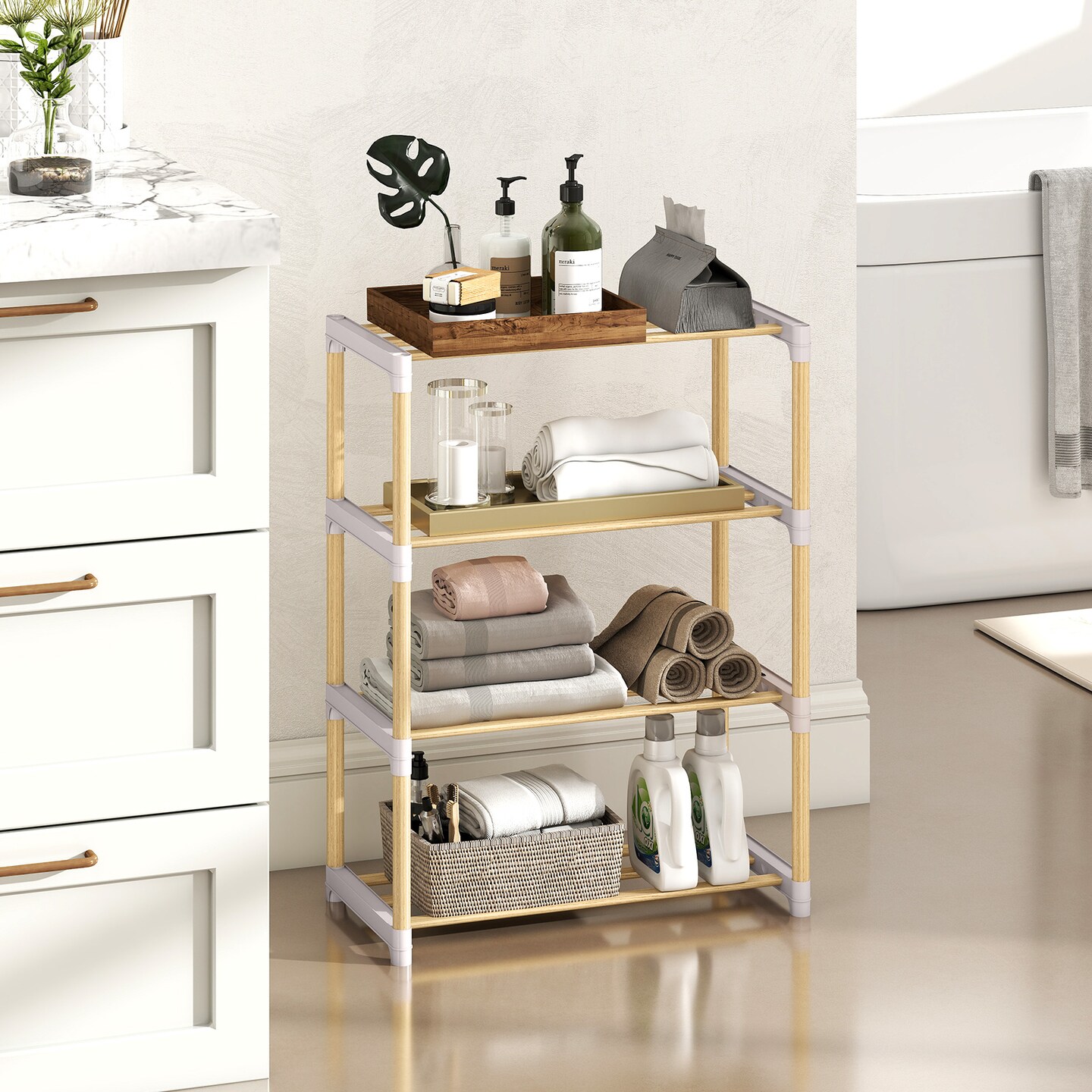 Natural Grey 4-Tier Shoe Rack Pine Wood Stackable Storage Organizer