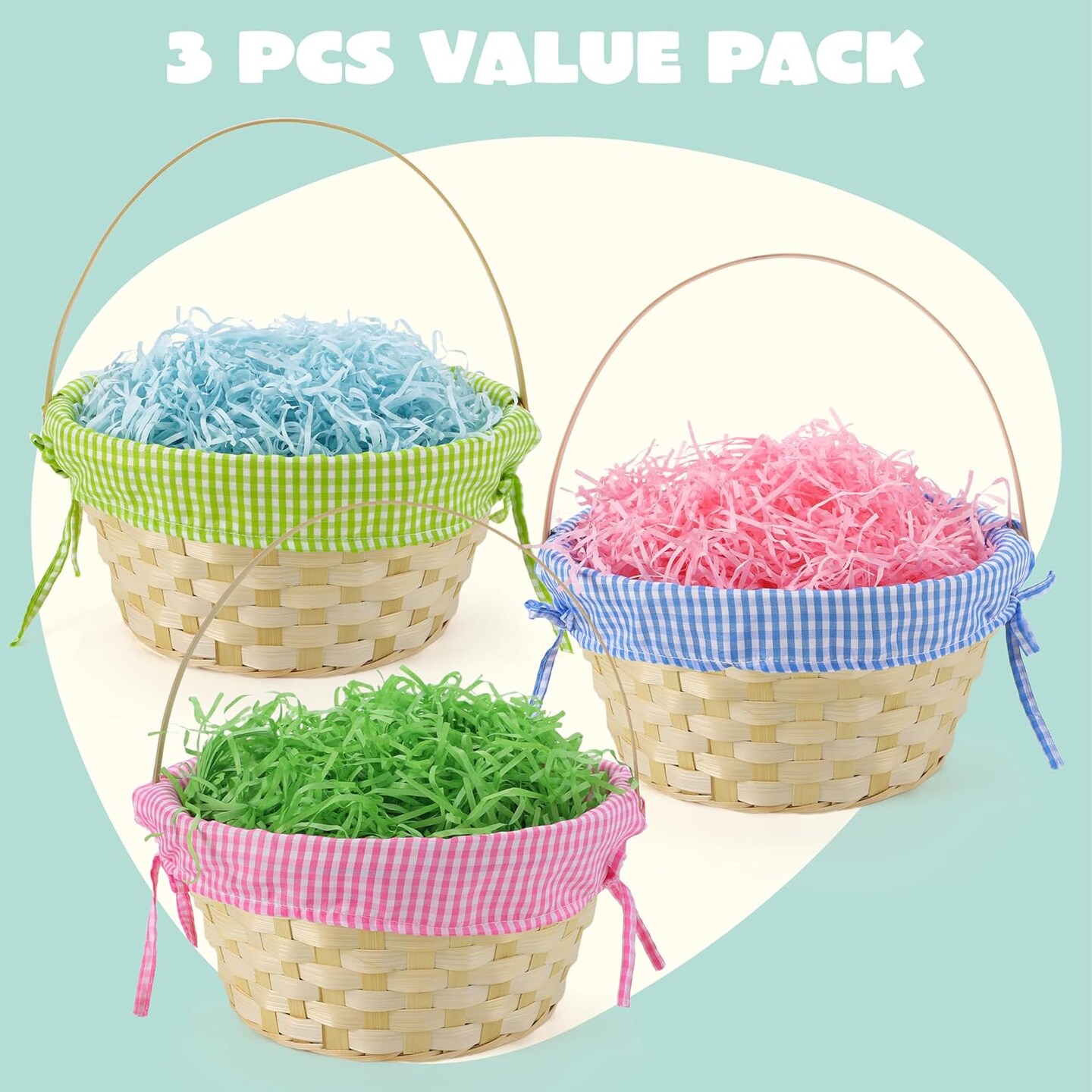 3 PCS Easter Bamboo Baskets with Plaid Lining & Handle, Includes 3 Colors Easter Grass Paper Shreds for Egg Hunt, Kids Party Favors (Blue, Pink, Green)