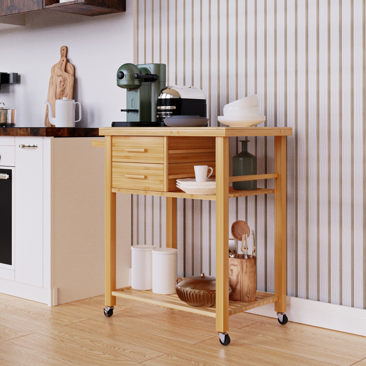 Wicker Storage Trolley with Drawers and Tower Rack for Kitchen