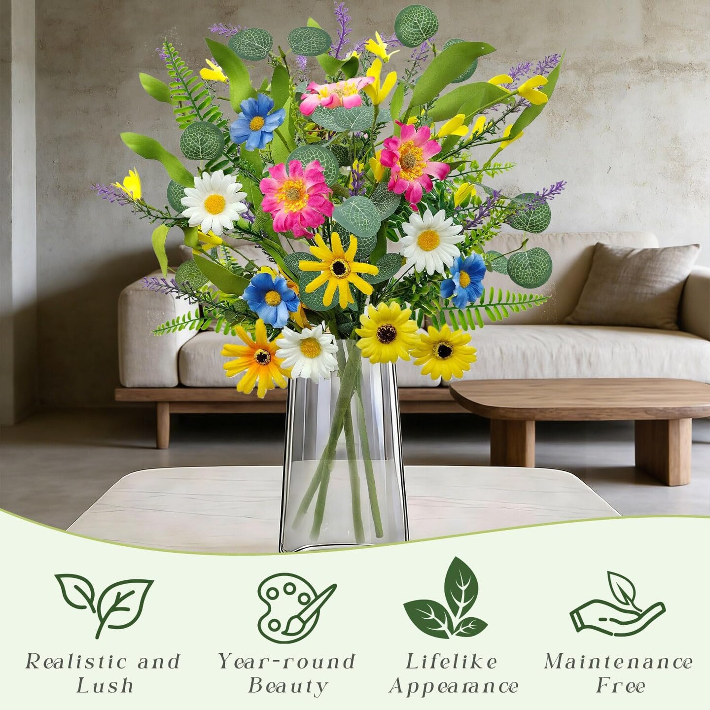 4 Bundles Artificial Daisy Wildflower Bouquet – Silk Spring Floral Stems for Home, Vase, Wedding & Party Decor