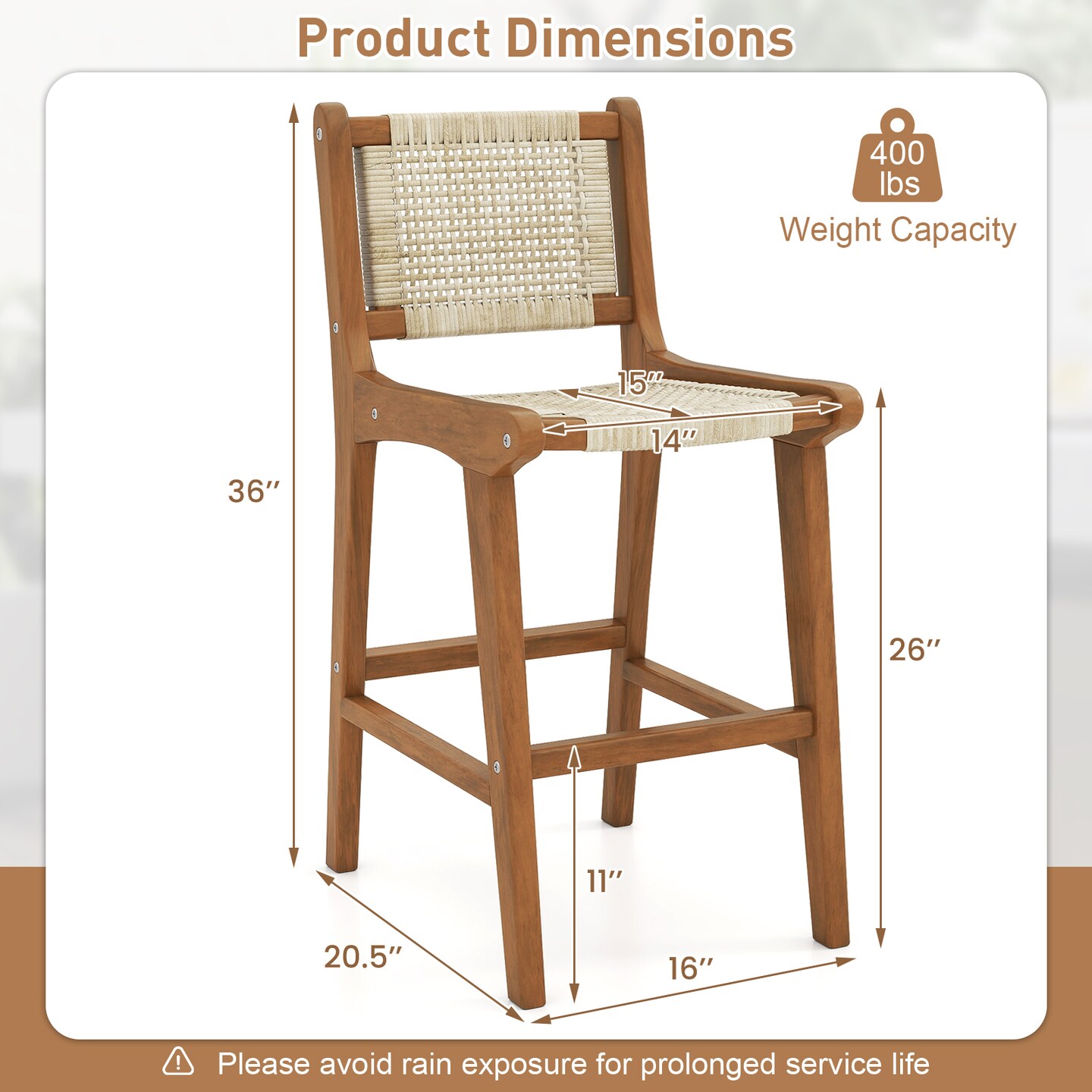 Natural Teak Wood Rattan Bar Stool with Footrest Outdoor Seating