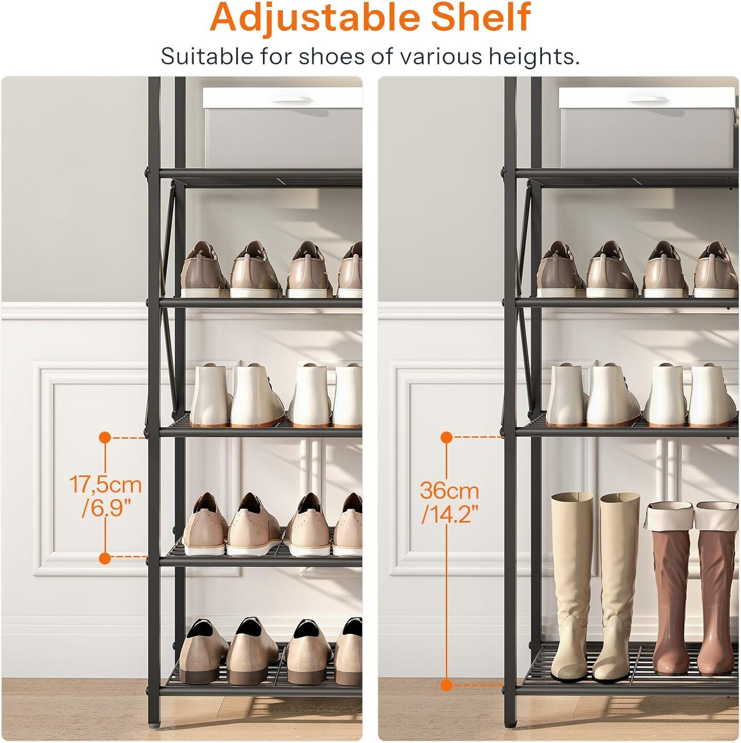 Rustic Brown-Black 8-Tier Engineered Wood and Metal Shoe Rack with Shelves