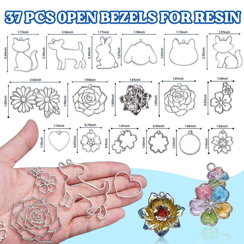 LET'S RESIN Keychain Molds 37Pcs, Silver UV Resin Molds for Beginners, Open Bezel Flower & Animal Molds for Keychain, Jewelry & Pendant Making