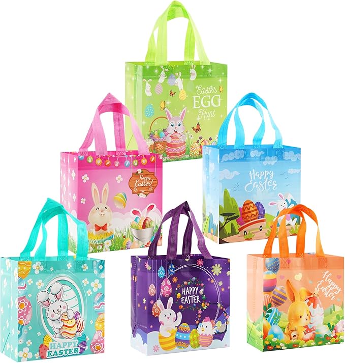 Easter Basket Egg Hunt Bags Bunny Carrot Chick Gift Bags with Handles,Party Supplies,Happy Small Easter Basket Container,8.27x7.9x5.9inch 6-Piece