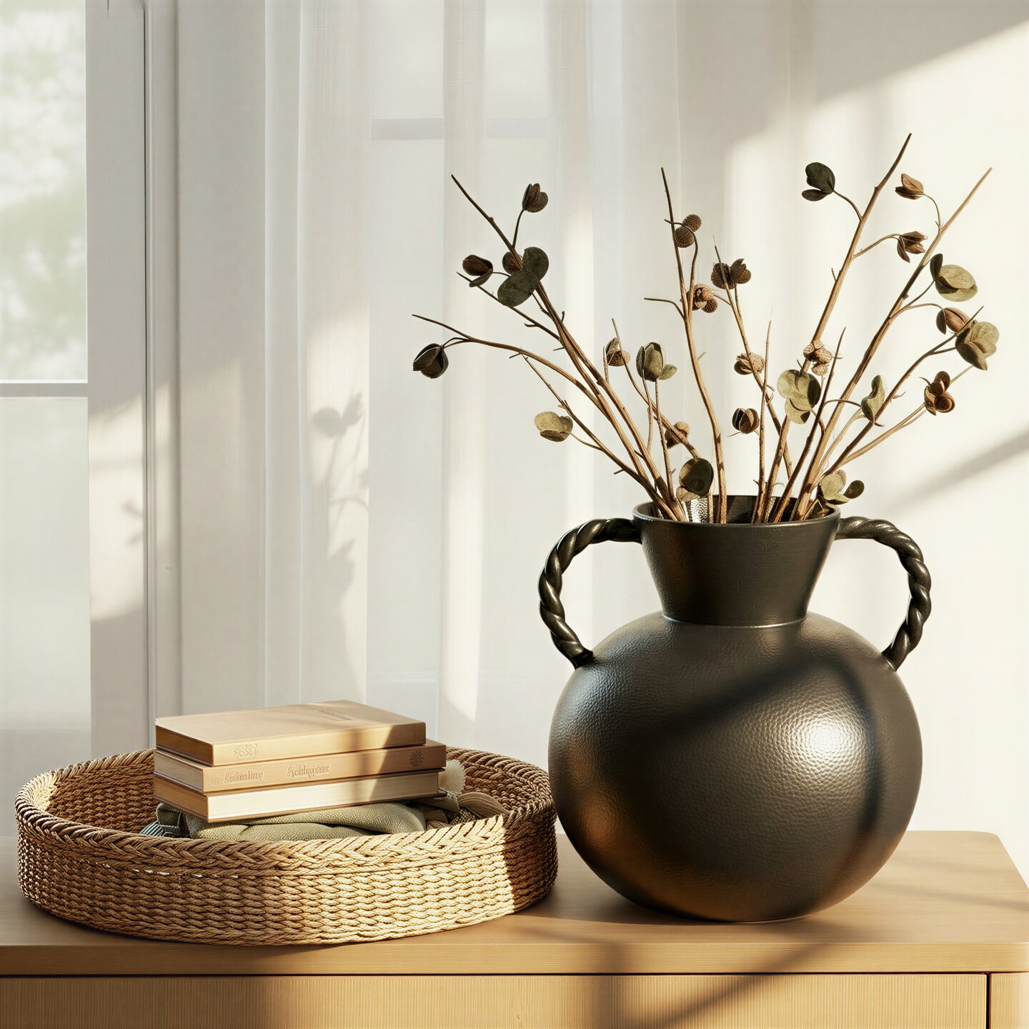 Hello Honey Stoneware Vase with Twisted Handles, Reactive Matte Black Glaze