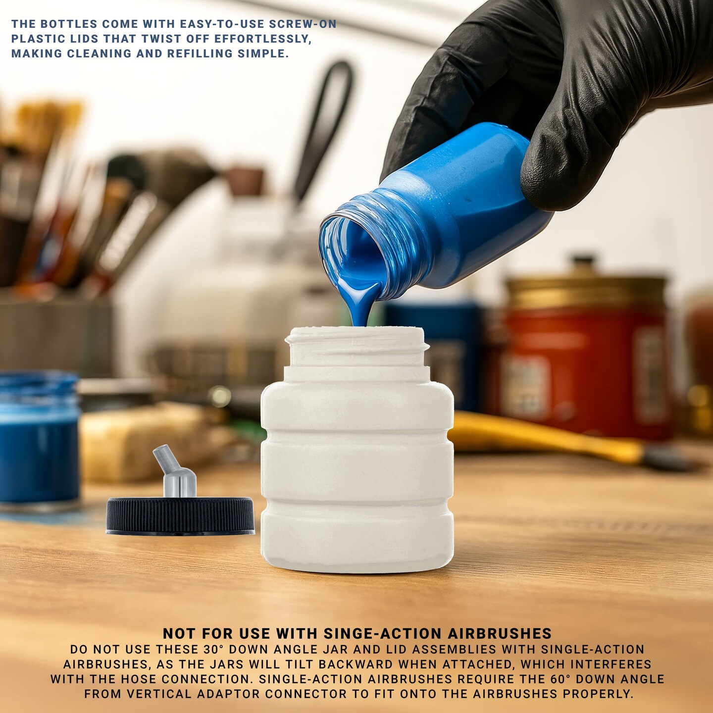 10 Pack Master Airbrush TB-006, 2.7 oz Plastic Jar Bottles with 30 degree Down Angle Adaptor Lid Assembly, Dual-Action Siphon