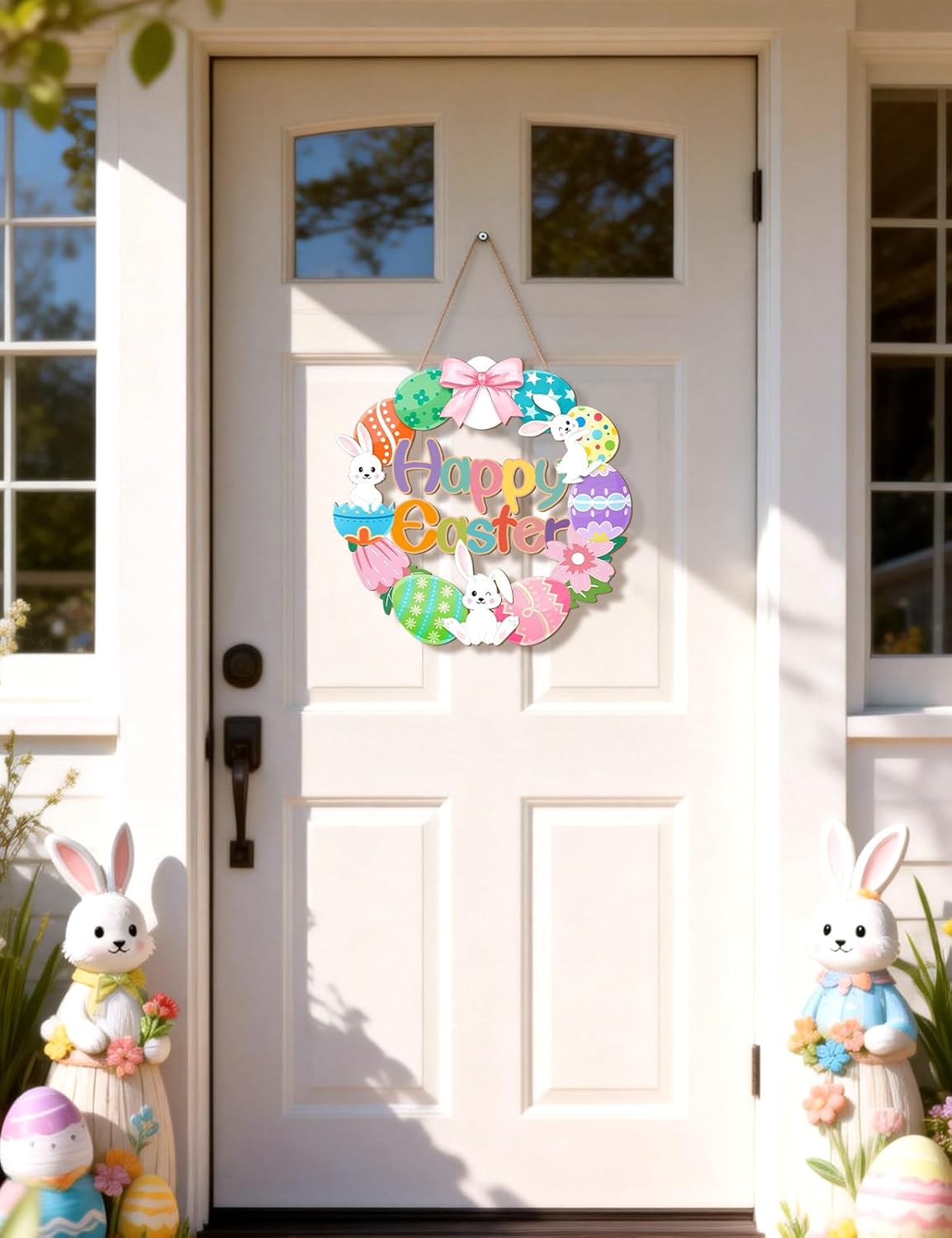 Wooden Easter Door Sign – Happy Easter Bunny and Egg Wreath Hanging Decoration for Spring Home Decor