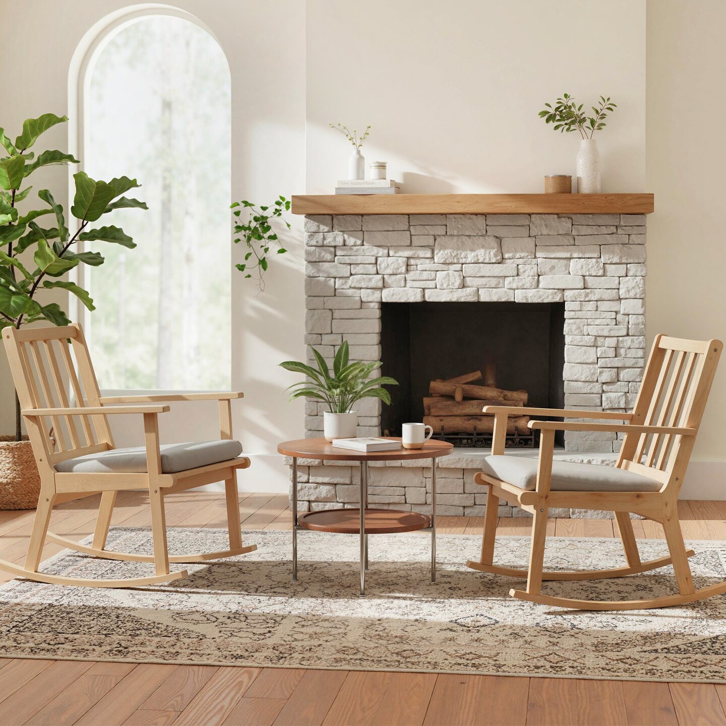 Natural Grey Wooden Rocking Chair with Cushion Indoor Ergonomic Design