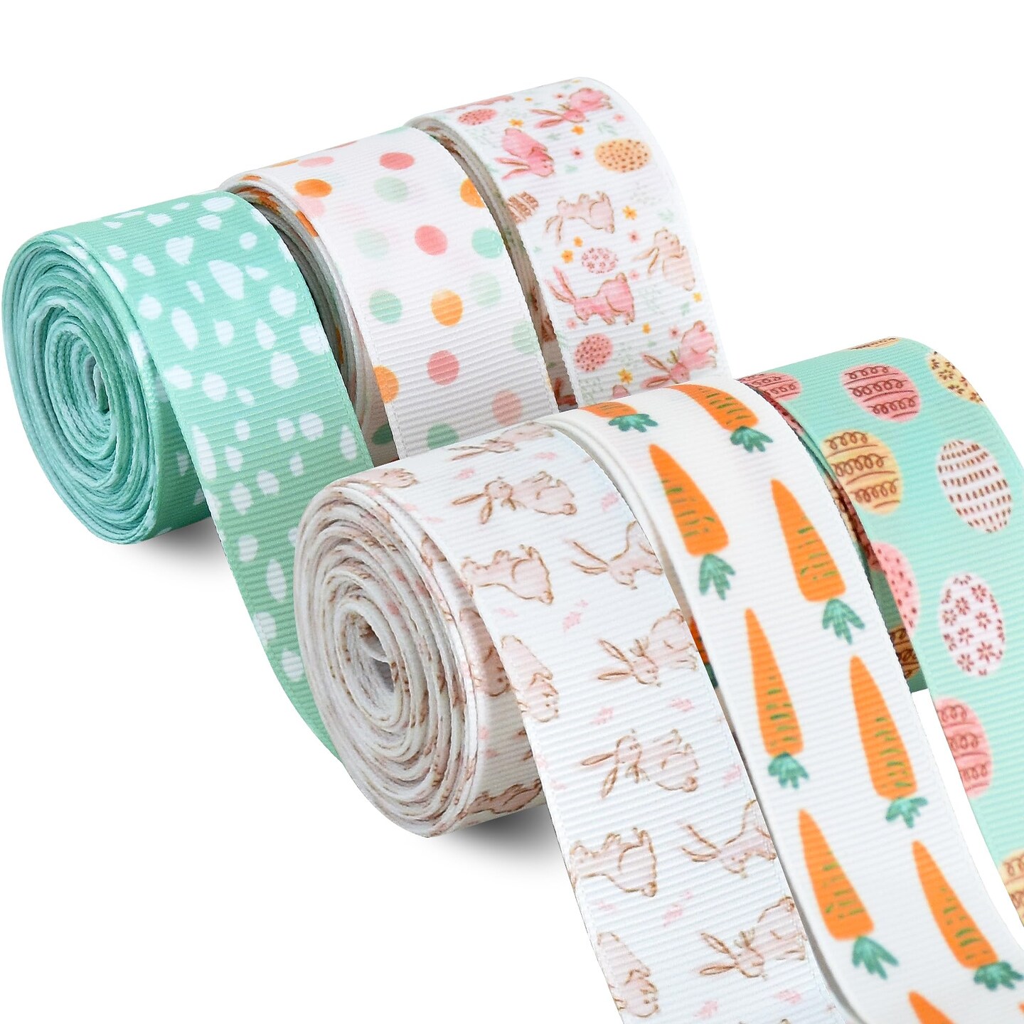 6 Rolls 1 Inch Easter Grosgrain Ribbon with Eggs/Rabbits/Carrots/Dots Pattern for Handmade Crafts, Wreaths and Gift Wrapping, Basket Decor, Bows Making, Easter Day Decoration (5 Yards/roll)