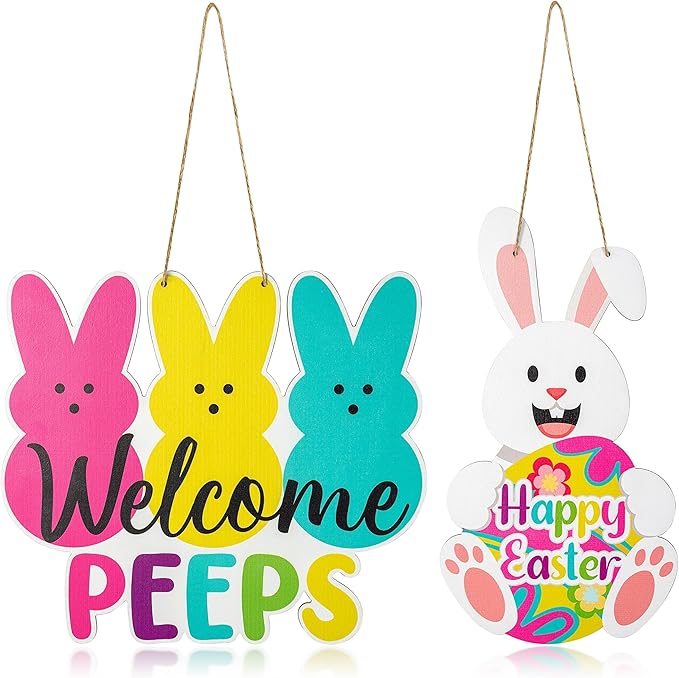 Easter Welcome Door Signs - 2Pcs Welcome Peeps Easter Bunny Wooden Front Hanging Door Sign Decorations Spring Colorful Rabbit Indoor Outdoor Farmhouse Porch Wall Fireplace Decor Spring Gifts