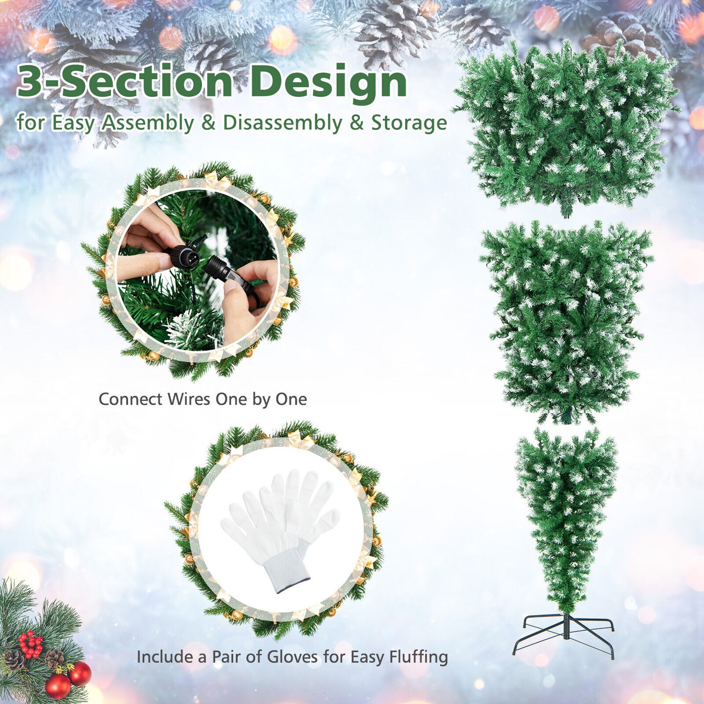 Green PVC Pre-Lit Upside Down Christmas Tree with 400 LED Lights and Metal Stand
