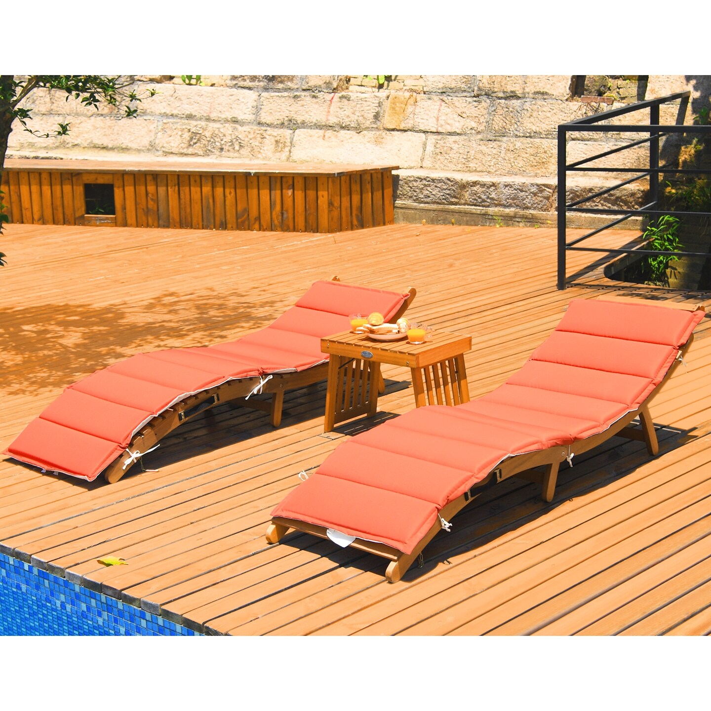 3 Pieces Orange Wood Lounge Chair with Foldable Side Table and Cushions