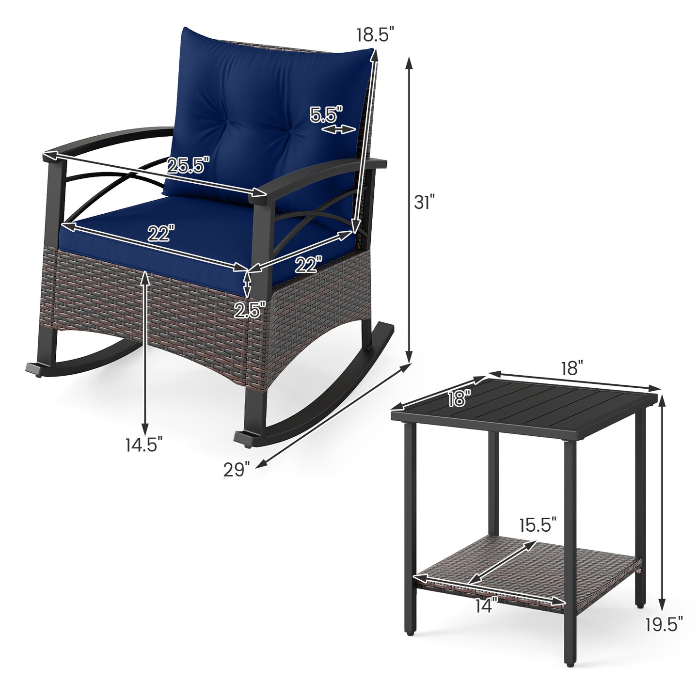 PE Rattan 3-Piece Rocking Bistro Set with Acacia Wood Top Table