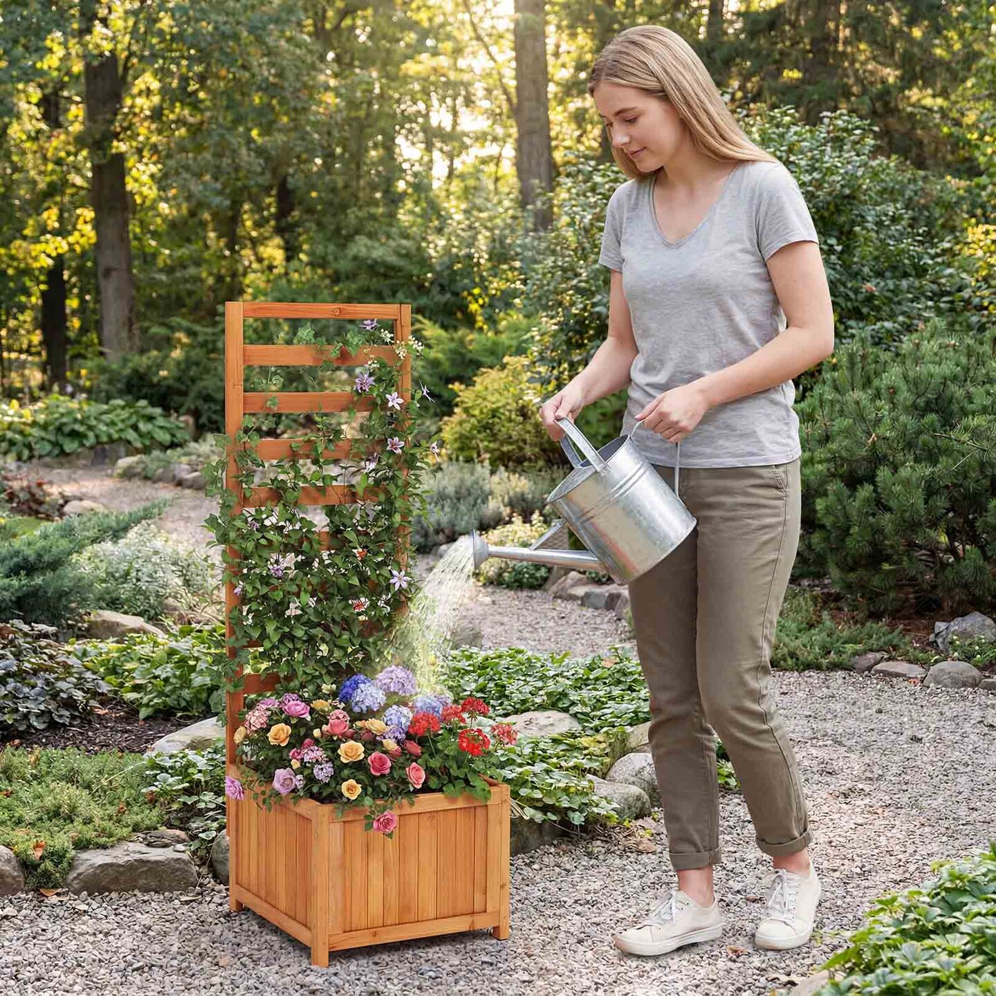 48" Wooden Raised Garden Planter Box with Trellis and Drainage