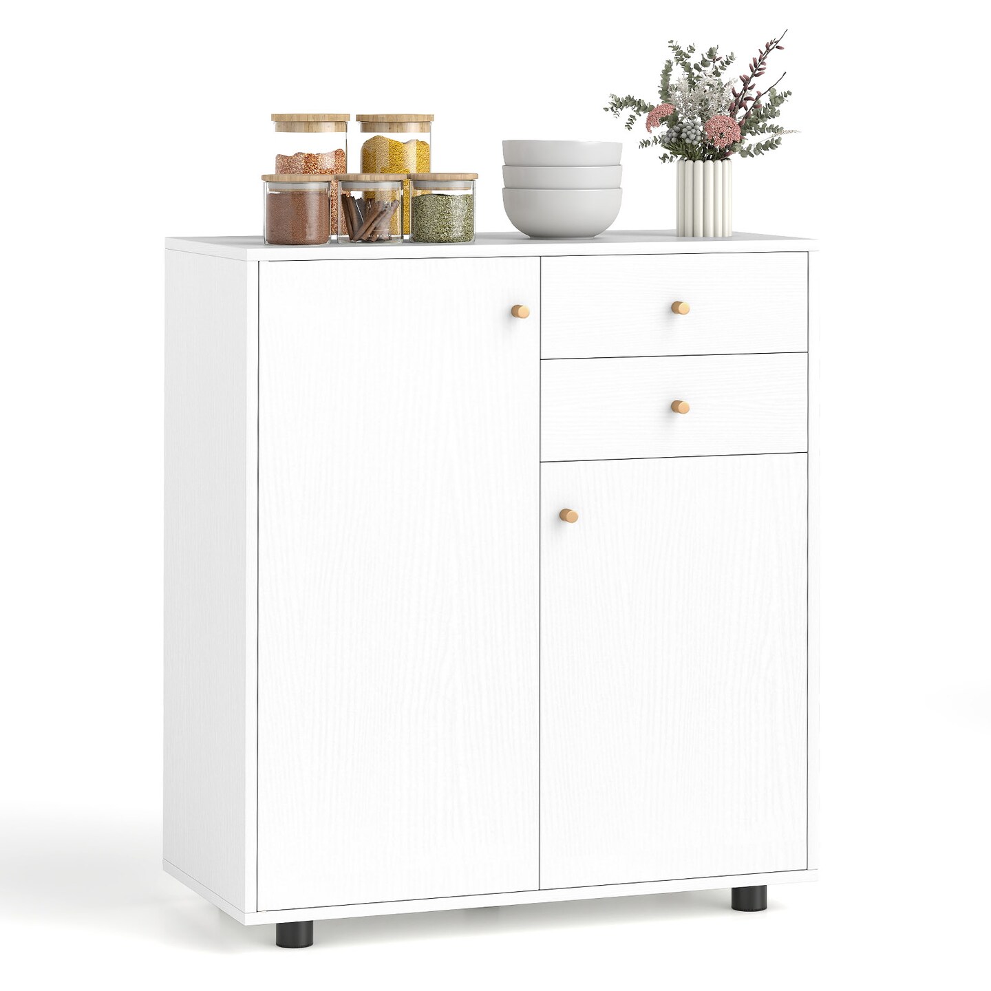 White Coffee Bar Cabinet Storage with Drawers Doors Adjustable Shelves