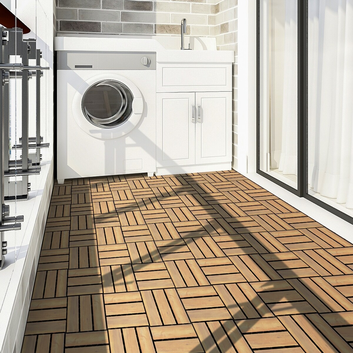 10 Pieces Brown Acacia Wood Interlocking Floor Tiles with PVC Base 12"