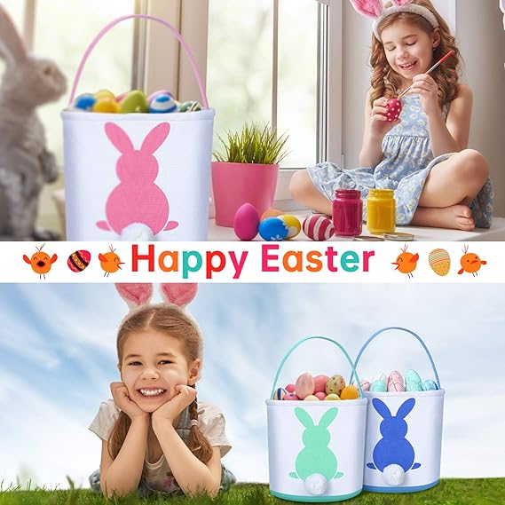 6 Pcs Easter Eggs Bunny Basket Rabbit Tote Bags Canvas Bucket with Handle for Gift Hunt Party