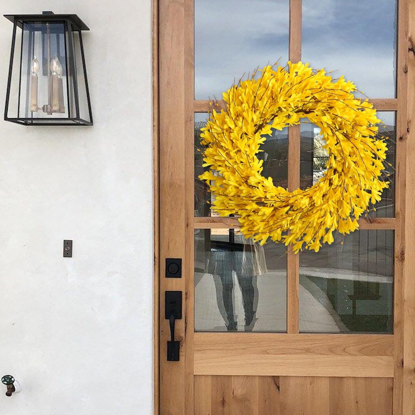 22inch Artificial Forsythia Flower Wreaths Spring Summer Fall Wreath Silk Leaves Wreath for Front Door Wreaths Porch Farmhouse Patio Garden Home Decor (yellow)