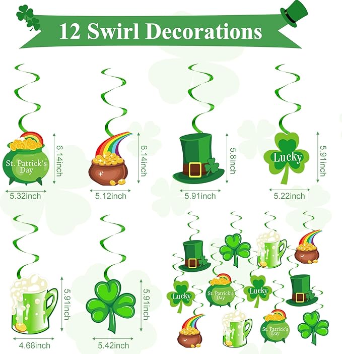 St Patricks Day Decorations, 36Pcs St. Patrick's Day Shamrock Lucky Banner Clover Garlands, Hanging Swirls, Honeycomb Tissue Paper Fans Balls for Home Saint Patrick Party Favor Supplies