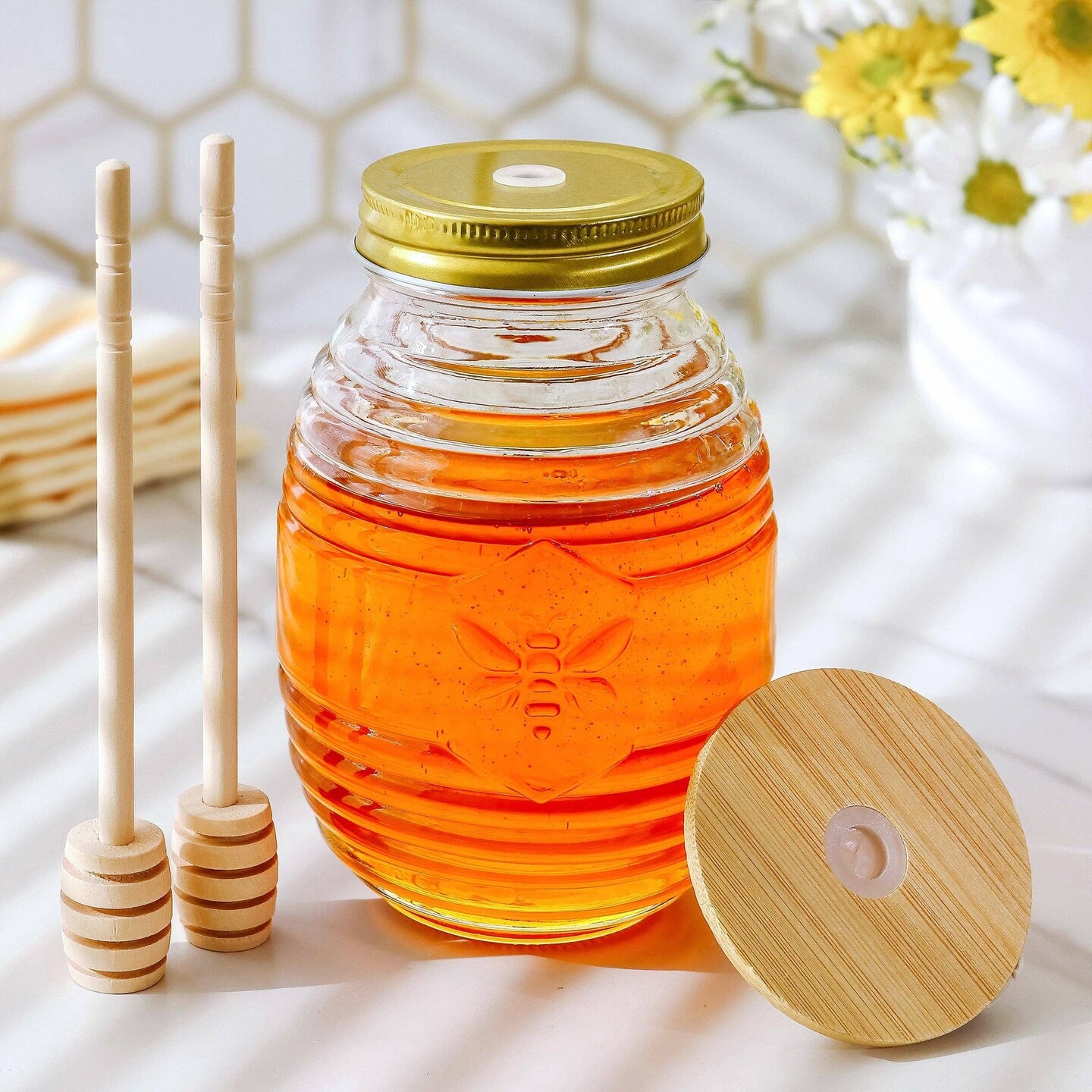 Honey Bee Glass Honey Jar with Dippers | Baby Shower Favor & Decor